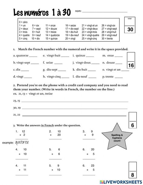 French Worksheets For Beginners, French Numbers, Basic French Words, Basic French, French Worksheets, French School, Vocabulary Worksheets, French Words, School Subjects