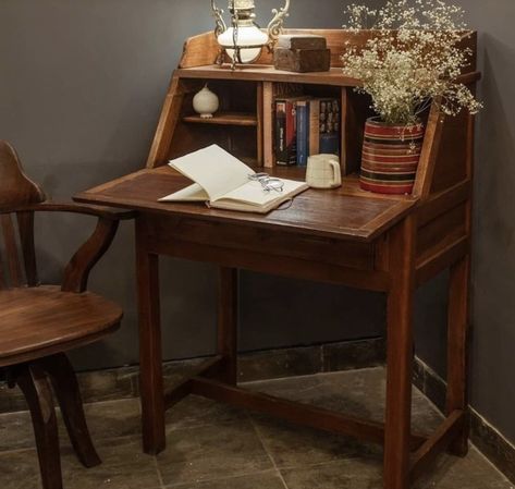 Antique Furniture With Modern Decor, Desk Next To Bookshelf, Study Desk Vintage, Dinning Room Table As Desk, Diy Vintage Desk, Writing Table Design, Secretary Desk In Living Room, Living Room Desk Ideas, Wooden Desk Aesthetic