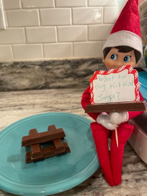 Elf on the Shelf wants to play Kit Kat Jenga. Elf Jenga Kit Kat, Elf On The Shelf Jenga Ideas, Elf Jenga, Vintage Christmas Ideas, Elf Kit, Elf Fun, Christmas Decoration Ideas, Elf Ideas, Kit Kat