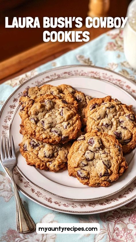 These Cowboy Cookies are filled with oats, chocolate chips, and pecans, creating a hearty, chewy cookie that’s irresistible. A perfect snack or dessert, these classic cookies combine sweet, crunchy, and nutty flavors for a delightful bite every time. Laura Bush's Cowboy Cookies Recipe, Half Batch Cowboy Cookies, Texas Lizzies Cookies, Barbara Bush Cowboy Cookies, Cowboy Cookies Recipe Pioneer Woman, Cowboy Cookies Laura Bush, Large Batch Cookie Recipes, Trash Can Cookies, Texas Cowboy Cookies