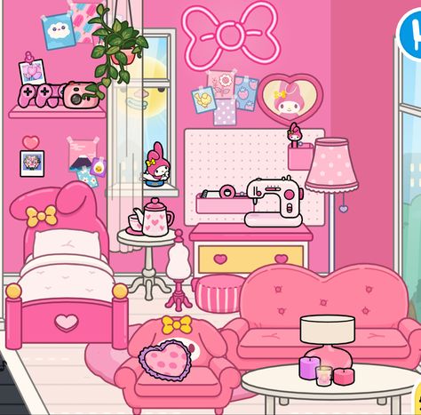 Toca Boca Pink Bedroom, My Melody Toca Boca Room, My Melody House, My Melody Bedroom, Hello Kitty Bed, Hello Kitty Bedroom, Hello Kitty Photos, Images Hello Kitty, House Cartoon