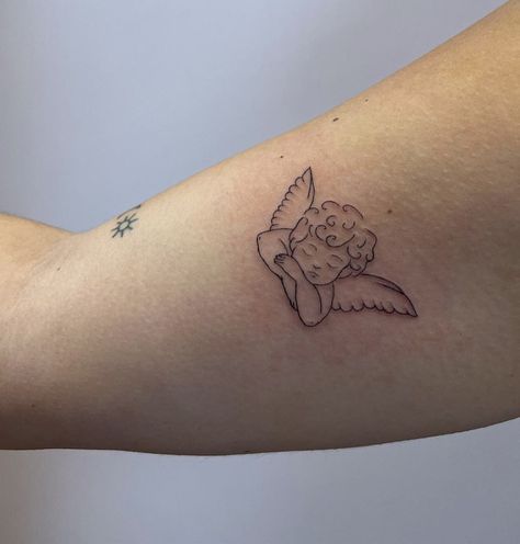 Cherub Tattoo Designs, Small Angel Tattoo, Cherub Tattoo, Sticker Tattoo, Minimal Tattoo Design, Petite Tattoos, Bff Tattoos, Dainty Tattoos, Spine Tattoos