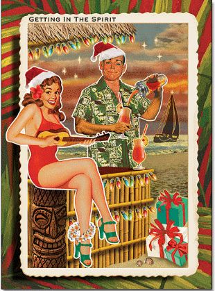 Hawaiian Christmas card Free Vintage Antique Illustration Andrew Sisters, Tiki Christmas, Tropical Christmas Cards, Funny Christmas Costumes, Christmas Humor Ecards, Company Christmas Cards, Hawaii Christmas, Retro Christmas Cards, Christmas Beach