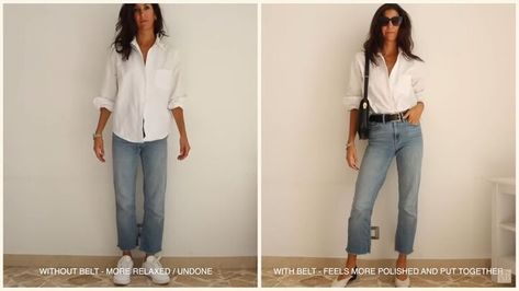 How To Style Belts, Belts With Jeans, Styling Lookbook, Monochromatic Outfit, Dress Alterations, Monochrome Outfit, Jean Belts, Belt Style, Shirt Dress Casual