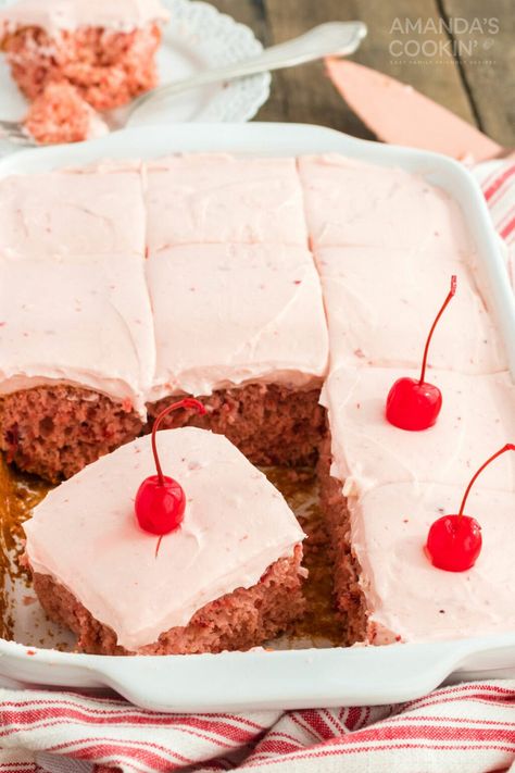 This cherry cake only uses 6 ingredients! Super easy to make using a cake mix, cherry pie filling, and few pantry ingredients. Topped with cherry frosting! Cake Mix And Pie Filling, Berry Dishes, Cherry Stuff, Doctored Cake Mix Recipes, Cherry Pie Filling Recipes, Cherry Frosting, Cherry Cake Recipe, Recipes Using Cake Mix, Bakery Goods