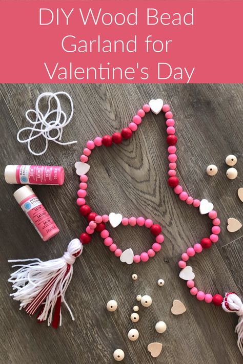 Tier Decorations, Valentines Decor Ideas, Diy Wood Bead Garland, Conversation Hearts Crafts, Tassel Ideas, Farmhouse Garland, Ideas Valentines Day, Beads Garland, Wood Beads Diy