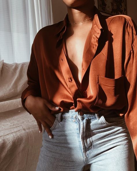 Rusty brown satin silk shirt Silk Brown Shirt Outfit, Brown Satin Shirt Outfit Women, Rust Shirt Outfit Fall, Brown Silk Button Down Shirt Outfit, Brown Silk Shirt Outfit Women, Orange Satin Top Outfit, Satin Tshirts Outfits, Orange Silk Shirt Outfit, Orange Satin Shirt Outfit