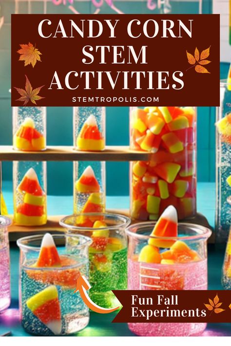 Discover exciting ways to teach fall science with candy corn! These fun experiments for kids are perfect for exploring Halloween STEM activities. From building a pumpkin candy catapult to dissolving candy corn in different liquids, these hands-on activities are great for preschool, kindergarten, and first grade. Engage kids with candy corn STEM and fun Halloween science experiments that are easy to set up and educational. Perfect for classroom or home learning this fall! 🎃👻 Fall Kindergarten Science Experiments, Candy Pumpkin Activities, Dancing Candy Corn Experiment, Halloween Stem Activities Kindergarten, Dissolving Candy Corn Experiment, Fun Fall Activities For Kindergarten, Kindergarten Fall Science Activities, Halloween Stem First Grade, 3rd Grade Halloween Stem Activities