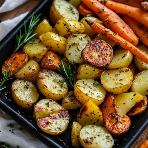 Garlic Herb Roasted Vegetables | Potatoes, Carrots & Zucchini Roasted Baby Potatoes And Carrots, Vegtables Sides Roasted, Roasted Zucchini And Carrots, Herb Roasted Vegetables, Roasted Carrots And Potatoes, Roasted Veggie Medley, Fruit Parfait Recipes, Garlic Herb Roasted Potatoes, Roasted Potatoes Carrots