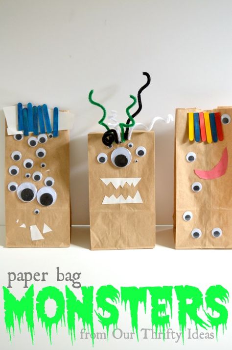 Paper Bag Monsters made by your kids Paper Bag Monsters, Monster Party Ideas, Scary Halloween Crafts, Monster Faces, Diy Paper Bag, Monster Craft, Paper Bag Crafts, Paper Bag Puppets, Monster Crafts