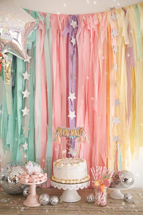 // r a i n b o w Plastic Streamer Backdrop, Fun Home Birthday Party Ideas, Disco Balls Birthday Party, Aesthetic Princess Birthday Party, Blue Princess Birthday Party, Disco 3rd Birthday, Cake Party Decorations, Unicorn Second Birthday Party, Disco Unicorn Party