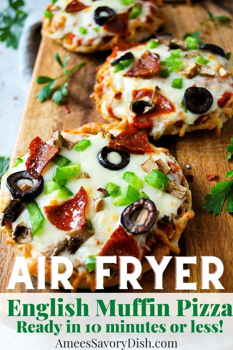 Pizza With English Muffins, Air Fry English Muffin Pizza, Pizza English Muffins Air Fryer, Pizza English Muffins Recipes, English Muffin Recipe Lunch, Healthy English Muffin Pizza, Recipes With English Muffins Dinners, English Muffin Lunch Ideas, Air Fryer English Muffin Pizza