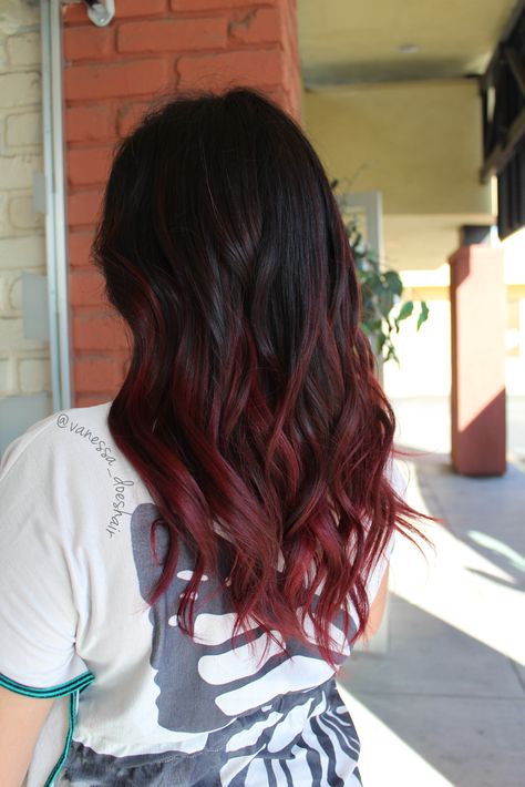 Burgundy Partial Balayage, Red Hair Color Streaks, Black Burgundy Ombre Hair, Brown And Burgundy Hair Balayage, Wine Red Streaks In Black Hair, Red Hair Colour On Black Hair, Burgundy Hair Streaks On Black Hair, Maroon Hair Dye Ideas, Wine Red And Brown Hair