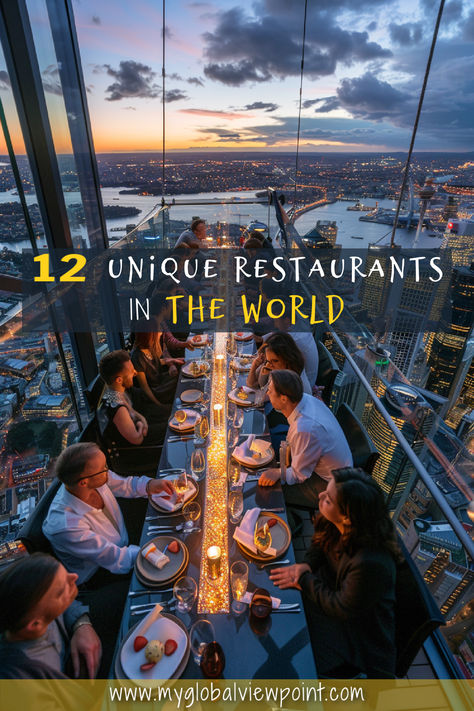 Picture of a unique restaurant overlooking a city with text overlay saying "Unique Restaurants in the world" Unique Dining Experience, Foods Diabetics Should Avoid, Brunch Barcelona, Dinner In The Sky, Caribbean Restaurant, Top 10 Restaurants, Girls Trips, Cool Restaurant, Michelin Guide