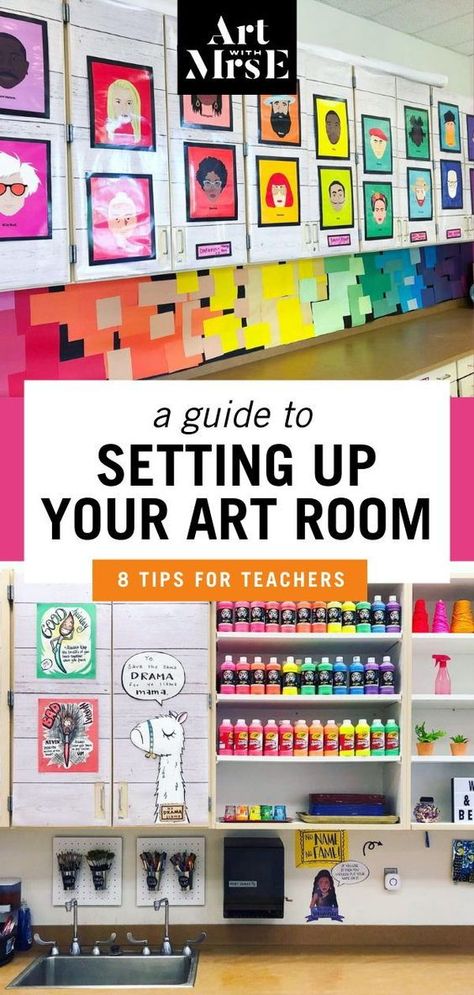 Colorful image of a student artwork display wall and a supplies organization area in an art room. Teaching Art Elementary, Art Classroom Organization, Elementary Art Classroom, Art Room Posters, Art Classroom Management, Classe D'art, Art Teacher Resources, Elementary Art Rooms, Friends First