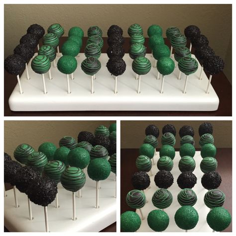 Emerald Green And Black Birthday Party Ideas, Dark Green And Gold Cake Pops, Forest Green Cake Pops, Olive Green Cake Pops, Emerald Green And Black Wedding Cake, Black And Green Cupcakes, Green And Black Themed Birthday Party, Black Green Wedding Cake, Black And Emerald Green Wedding Decor