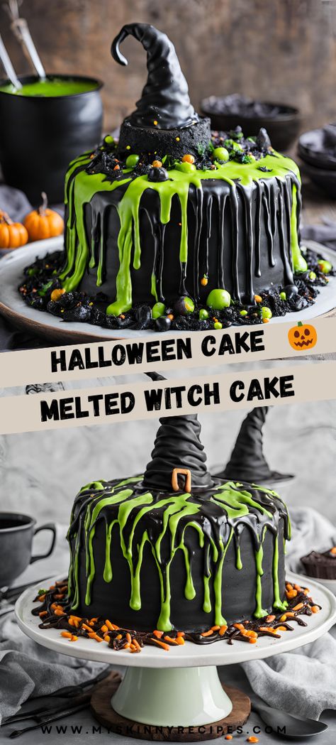 Add a touch of spooky magic to your Halloween with this Melted Witch Cake! 🧙‍♀️🎃 Delicious chocolate cake with green frosting and fun decorations, perfect for any Halloween party. #MeltedWitchCake #HalloweenDesserts #SpookyTreats #myskinnyrecipes Halloween Witch Cake Ideas, Witch Cakes Halloween, Witches Birthday Cake, Scary Cake Ideas, Chocolate Halloween Cake, Spooky Halloween Cake Ideas, Wicked Cake Ideas, Witch Cake Birthdays, Halloween Cakes Birthday