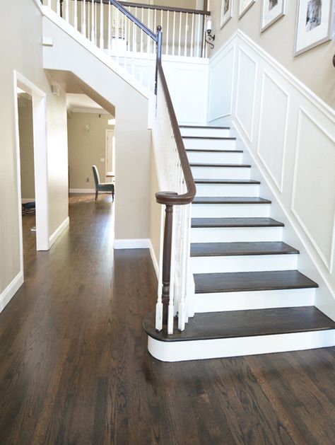 Jacobean Wood Floors, Jacobean Floor Stain, Jacobean Floors Living Room, Dark Floor Stain, Jacobean On White Oak, Jacobean Floors, Hardwood Floors Refinish, Dark Hardwood Floors Living Room, Stairs White