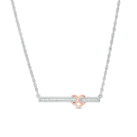 Chic and shimmering, this diamond bar necklace with infinity heart is a contemporary look of love. Crafted in sterling silver and precious 10K rose gold, this diamond-lined bar design sparkles with the addition of an entwined polished rose gold infinity symbol and heart. Radiant with 1/6 ct. t.w. of diamonds and a brilliant buffed luster, this bar suspends centered along a 16.75-inch rope chain that secures with a spring-ring clasp. Look Of Love, Diamond Bracelet Design, Diamond Bar Necklace, Diamond Mangalsutra, Diamond Pendant Sets, Infinity Heart, Diamond Bar, Infinity Symbol, Minimal Jewelry