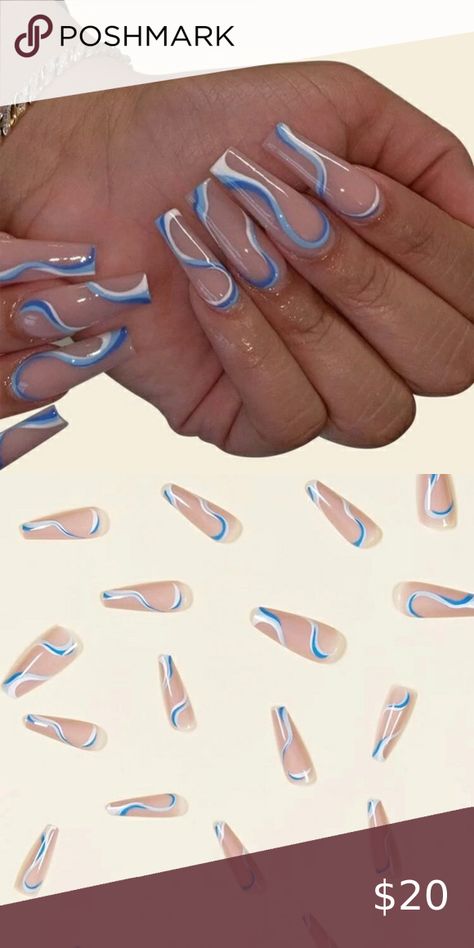 🆕 Blue Swirl Press On Nails Nail Swirl Designs Simple, Blue Squiggle Nails, Purple Swirl Nails, Squiggle Nails, Blue Swirl Nails, Swirl Nail Designs, Blue Gold Nails, Black And Blue Nails, Designed Nails