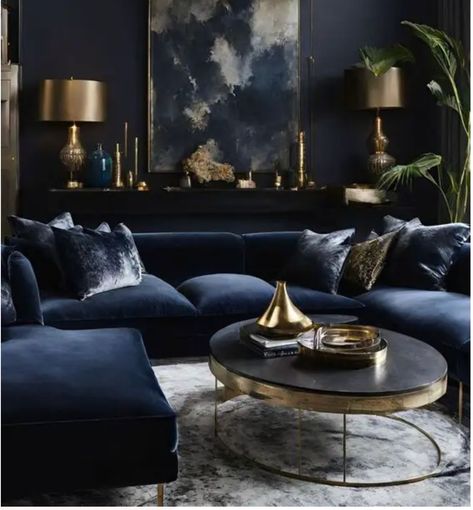 Blue Gold Living Room, Dark Blue Living Room Decor, Royal Blue Home Decor, Glam Decor Living Room, Blue Living Room Decor Ideas, Cinema Lounge, Blue Sofa Living, Dark Blue Living Room, Monochromatic Room