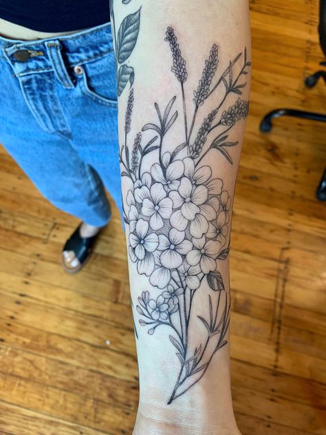 Fine Line Flower Tattoo Half Sleeve, Floral Space Filler Tattoo, Hydrangea Half Sleeve Tattoo, Hydrangea Arm Tattoo, Realistic Hydrangea Tattoo, Hydrangea Forearm Tattoo, Hydrangea Tattoo Black And Grey, Hydrangea Sleeve Tattoo, Large Bouquet Tattoo