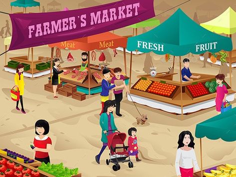 Farmers Market Scene by artisticco | GraphicRiver Beetle Drawing, Cartoon Network Art, Market Scene, Preschool Projects, Scene Drawing, Cartoon Images, Free Vector Art, Drawing For Kids, Farmers Market