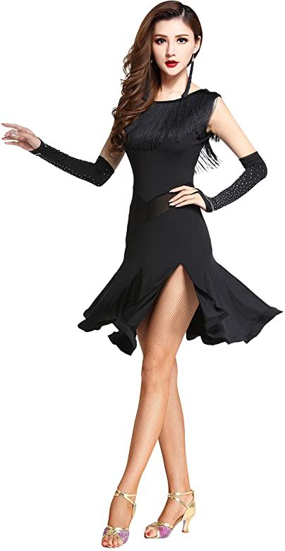 Amazon.com: Z&X Dancewear Women's Tassel Round Neck Sleeveless Leg Split Latin Dance Dress One Size Black, Fit US 4-6: Clothing Latin Dance Dresses Costumes, Box Dress, Tango Outfit, Dresses Occasion, Latin Ballroom Dresses, Latin Dance Costume, Salsa Dress, Black Halloween Dress, Latin Dance Dress