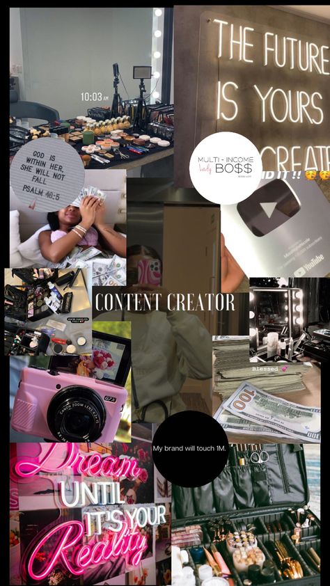 Vision Board Ideas Content Creator, My Vision Board Ideas Goal Settings, Content Creator Vision Board Pictures, 2024 Business Goals, Content Vision Board, Successful Youtuber Vision Board, Perfect Life Vision Board, Content Creator Goals, Dream Vision Board Goal Settings