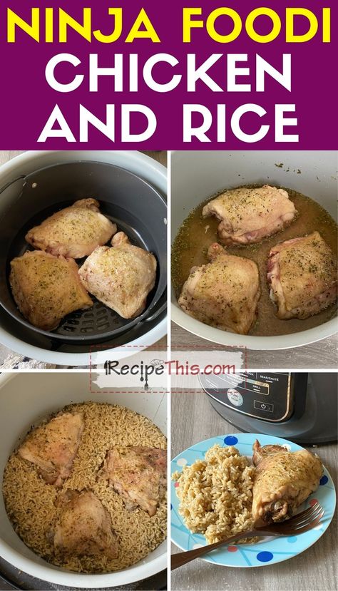 Ninja Foodi Chicken & Rice. Delicious Mediterranean style chicken and rice cooked together in the Ninja Foodi. Using brown rice and chicken thighs, you will love the simplicity of this pressure cooker chicken thighs and rice recipe. Ninja Foodi Chicken Recipes, Chicken Recipes With Rice, Mediterranean Style Chicken, Pressure Cooker Chicken Thighs, Brown Rice And Chicken, Chicken Thigh And Rice Recipe, Ninja Pressure Cooker, Pressure Cooker Recipes Healthy, Chicken And Rice Recipes