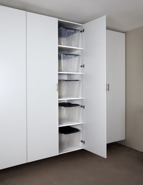 Palo Alto White Tall Garage Cabinet ~Need these in my garage to organize all my home decor products. Perfect! Cleaning Garage, Garage Cupboards, Garage Solutions, Plan Garage, Garage Floor Paint, White Storage Cabinets, Large Storage Cabinets, Garage Remodel, Basement Storage