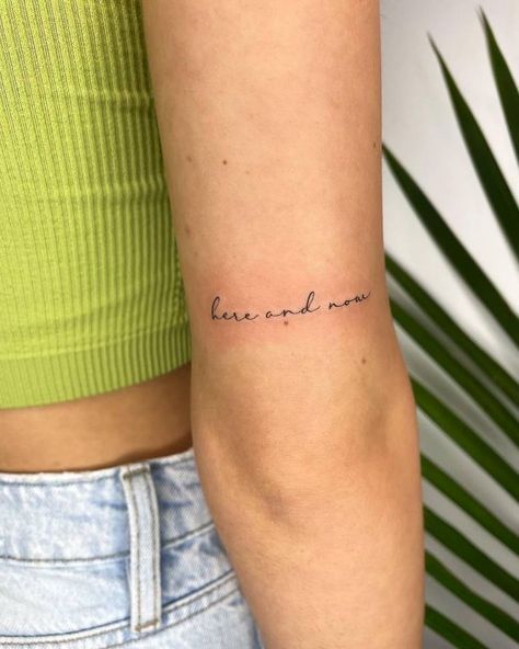 Writing On Back Of Arm Tattoo, Tattoo On Tricep Women, Small Tattoo Back Of Arm Above Elbow, Arm Tattoos For Women Letters, Meaningful Elbow Tattoos, Woman Tricep Tattoo, Women’s Tricep Tattoo, Small Wording Tattoos, Delicate Women Tattoos