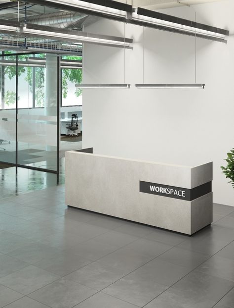 Designed by WORKSPACE. Made by Italian board Rio De La Plata and standard black boards White Reception Desk Design, Reception Design Office, Grey Reception Desk, Display Counter Design, Contemporary Reception Desk, Cashier Counter Design, Modern Office Reception Desk, Office Reception Desks, Office Reception Counters