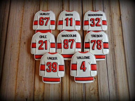 Hockey jersey Hockey Jersey Cookies Decorated, Hockey Cookies Decorated, Hockey Desserts, Hockey Sugar Cookies, Hockey Jersey Cookies, Hockey Treats, Hockey Cookies, Jersey Cookies, Volleyball Cookies