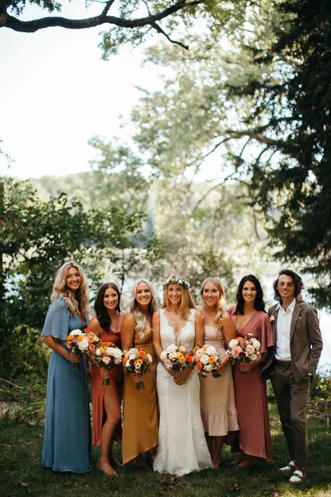 Casual Mismatched Bridesmaids, No Traditional Bridesmaid Dresses, Alternative Bridesmaid Dresses Summer, Mismatched Midi Bridesmaid Dresses, Eclectic Bridesmaid Dresses Fall, Small Bridal Party Mismatched Dresses, Mismatched Earthy Bridesmaid Dresses, Bhldn Bridesmaid Dress Mismatched, Muted Rainbow Wedding Bridesmaids