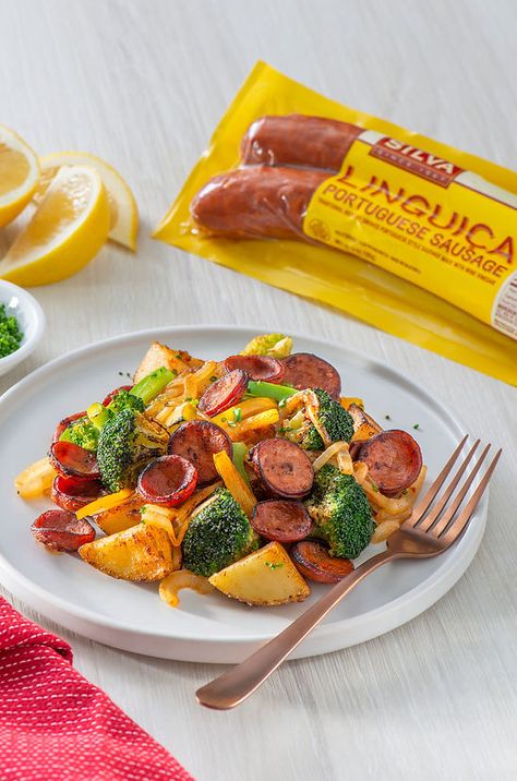 LINGUICA & VEGGIES | Silva 2021 Veggie Medley Recipes, Linguica Recipes, Silva Family, Gourmet Sausage, Portuguese Sausage, Dirty Rice, Portuguese Recipes, Sheet Pan Dinners, Food Staples