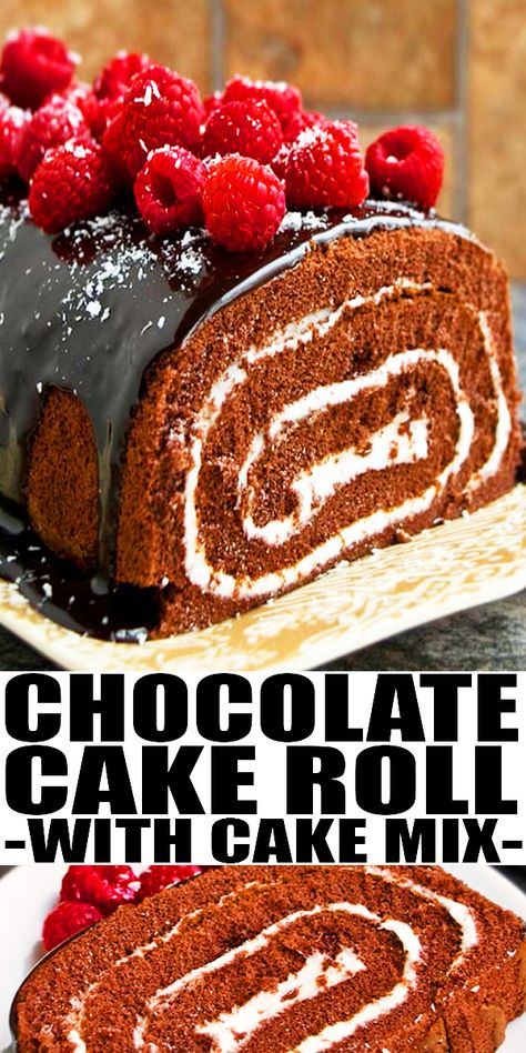 CHOCOLATE CAKE ROLL RECIPE- Easy roll cake, homemade with simple ingredients. Starts off with Devil’s food or chocolate cake mix. Filled with buttercream icing, topped with rich and creamy espresso chocolate ganache and fresh raspberries. Also known as Swiss Roll Cake. From CakeWhiz.com Chocolate Cake Roll, Amazing Chocolate Cake, Swiss Cake, Chocolate Swiss Roll, Chocolate Roll Cake, Chocolate Ganache Cake, Swiss Roll Cake, Ganache Cake, Cake Roll Recipes