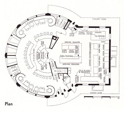 Red Circle Food Shop 1937 Circular Restaurant Design, Circular Restaurant Plan, Circular Cafe Plan, Circle Restaurant Plan, Circular Interior Design, Circular Bar Counter, Circle Bar Design, Cafe Design Plan, Circular Bar Design