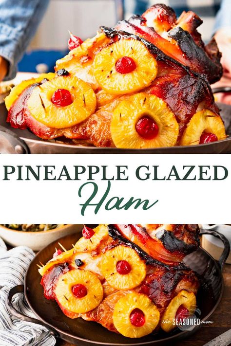 This easy brown sugar pineapple glazed ham with maraschino cherries makes an impressive statement on a holiday table! There's a reason this Southern baked ham has been a favorite since the 1950's. Baked Ham With Pineapple And Cherries, Ham Preparation, Ham With Pineapple And Cherries, Cherry Ham, Pineapple Honey Glazed Ham, Pineapple Glazed Ham, Easy Ham Recipes, Ham With Pineapple, Baked Ham With Pineapple