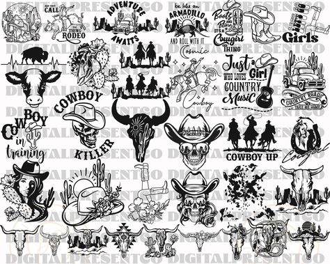 Western Cricut Designs, Traditional Western Tattoo, Western Decals, Western Sleeve, Rodeo Svg, Deer Skull Tattoos, Cowboy Svg, Racing Tattoos, Country Tattoos