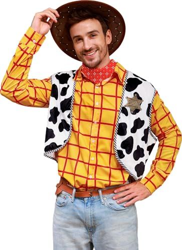 Arvilhill Men Halloween Woody Costume Adult Cowboy Cosplay Set Cow Print Vest, Halloween Cowboy, Halloween Cardigan, Woody Costume, Cowboy Vest, Cowboy Costume, Men Halloween, Star Badge, Chic Halloween