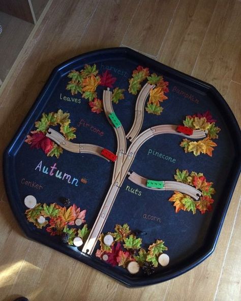 EYFS on Instagram: "Our autumn tray 🍂 Todays Tuff tray, is autumn themed! As it is the start of this season, I thought it would be lovely to incorporate this into our upcoming activities. In the tray I have imitated a tree using train track and scattered leaves along the ‘branches’. #counting #numbers #number #numberrecognition #matchingnumeraltoquantity #numerals #eyfs #eyfsideas #eyfsteacher #eyfsinspiration #numeracy #earlychildhoodeducation #earlyyears #earlyyearsideas #eyfsfun #tufftray Train Track Tree, Autumn Activities Eyfs Babies, Sensory Trays Eyfs, Autumn Counting Activities Eyfs, Autumn Activities Nursery, Autumn Tuff Tray Activities, Fall Eyfs Activities, Autumn Art Activities For Toddlers, Harvest Festival Tuff Tray