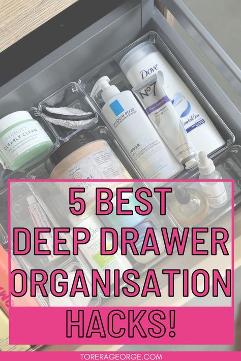 I'm OBSESSED with these bathroom drawer organization solutions! They're SO easy to implement & they make such a HUGE difference! This post is a GAME CHANGER for anyone with deep bathroom drawers! You can also try these tips to organise deep kitchen drawers Organizing Bathroom Vanity Drawers, Deep Drawer Storage Ideas, Organizing Deep Drawers Bathroom, Organize Drawers Bathroom, Bathroom Organization Deep Drawers, Stacking Drawer Organizer, Bathroom Drawer Storage Ideas, Deep Drawers Organization, Organize Deep Bathroom Drawers