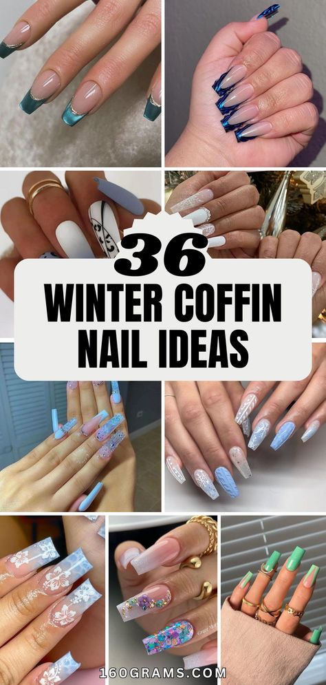 Pin this for the top winter coffin nail styles that are snowflake chic and perfect for the season! Don't miss out on these trendy nail designs. #WinterNails #CoffinNails #SnowflakeChic Winter Nail Ideas Coffin Shape, Medium Coffin Shape Nails Winter, Winter Nail Designs Coffin Shape, Pretty Nails Winter, Winter Nails Coffin Shape, Coffin Holiday Nails, Long Winter Nails, Winter Coffin Nails, Nail Designs For Winter