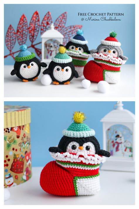 Penguin in Christmas Sock Free Crochet Pattern Holiday Crochet Patterns Free, Holiday Crochet Patterns, Crochet Dragon Pattern, Penguin Crafts, Crochet Ornament Patterns, Christmas Crochet Patterns Free, Crochet Penguin, Crochet Wreath, Crochet Christmas Gifts