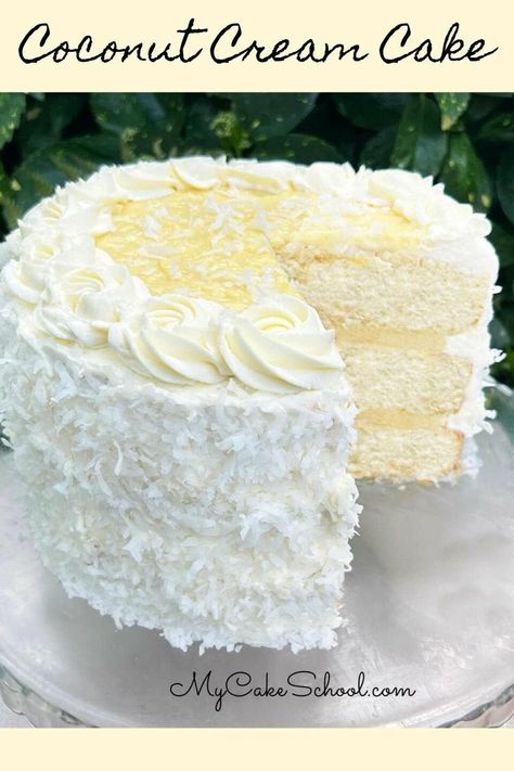 Coconut Cream Cake | My Cake School Cake With Lemon Curd Filling, Lemon Coconut Cake, My Cake School, Cake With Lemon Curd, Coconut Cream Cheese Frosting, Coconut Cream Cake, Lemon And Coconut Cake, Pastry Cream Filling, Curd Filling