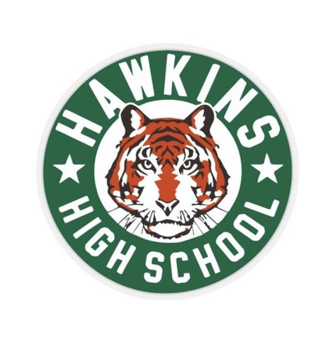 Hawkins High School Stranger Things, High School Stickers, Hawkins High School, Movie Logos, High School Mascots, School Badges, Tiger Logo, Halloween Fonts, Spooky Designs