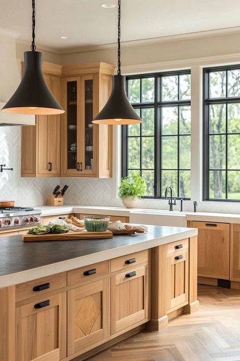 Dark And Light Wood Kitchen, White Backsplash Oak Cabinets, Natural Maple Kitchen Cabinets Modern, Oak Wood Kitchen Cabinets, Oak Kitchen Ideas, Knotty Alder Kitchen Cabinets, Alder Wood Kitchen Cabinets, Kitchen Cabinets Designs, Knotty Alder Kitchen