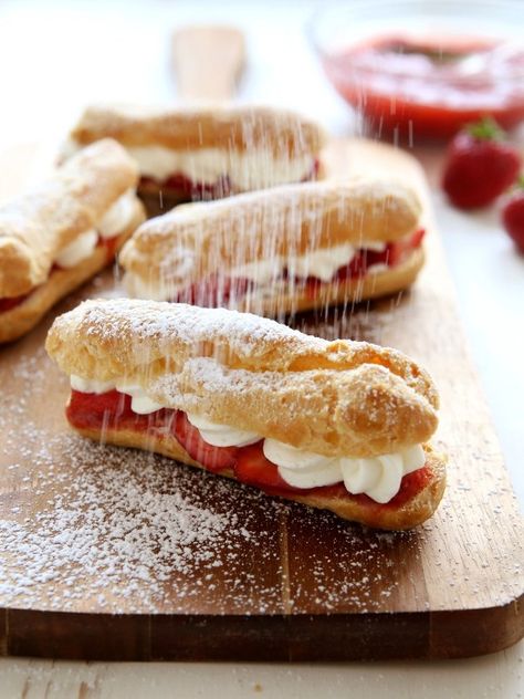 Strawberry Cheesecake Eclairs - Completely Delicious Cheesecake Eclairs, Eclair Cream, Eclair Recipe, Dessert Mousse, Choux Pastry, Cream Puff, Dessert Dips, Fancy Desserts, Creamy Cheesecake