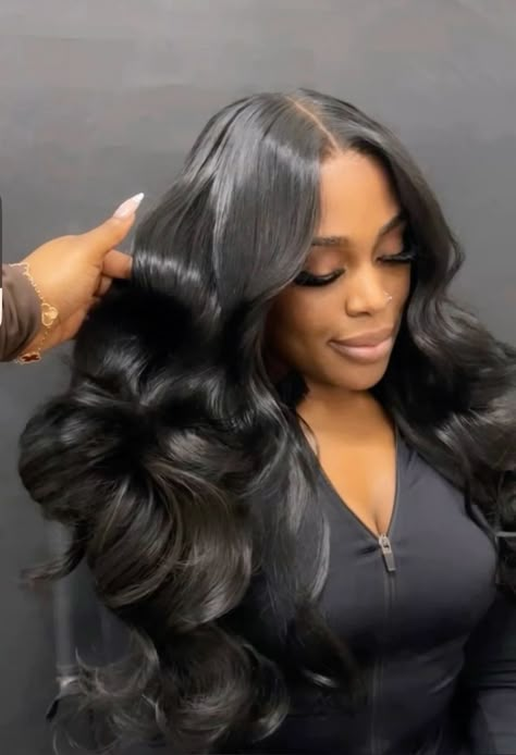 Middle Part With Wand Curls Black Women, Sew In Weave With Closure Middle Parts, Body Wave Sew In With Closure, Middle Part Bombshell Curls, Sew In Weave With Closure Middle Parts Body Wave, Bombshell Curls Black Women Middle Part, Bombshell Curls Black Women, Jet Black 30 Inch Buss Down, Fire Hairstyles